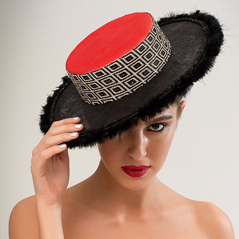 Mao - Sinamay & pinokpok boater with geo-woven rattan fabric, bead and feather trim.