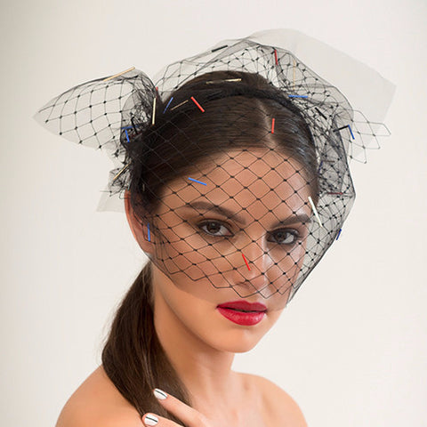 Hutton - Hand-beaded with 4 colours of bugle beads, this tulle and merry widow veil sits comfortably on an easy to wear headband.