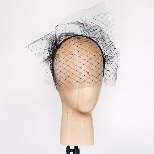 Hutton - Hand-beaded with 4 colours of bugle beads, this tulle and merry widow veil sits comfortably on an easy to wear headband.