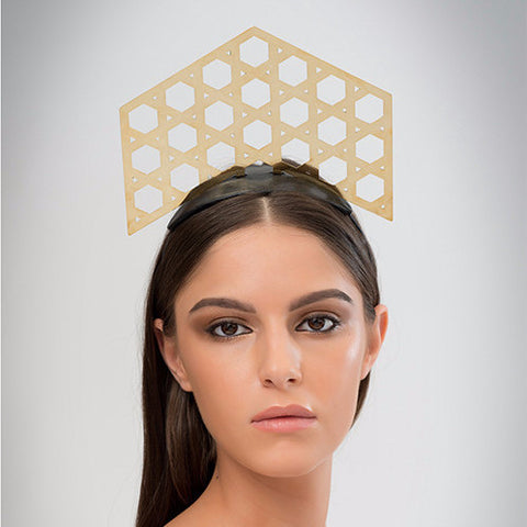 Shillong - Laser-cut polished brass tiara on black leather base & headband.