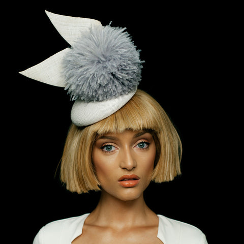 Gull White Hat with Giant Grey Pom Pom