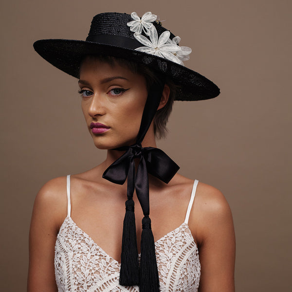 Bombini black knotted sisal boater with ribbons