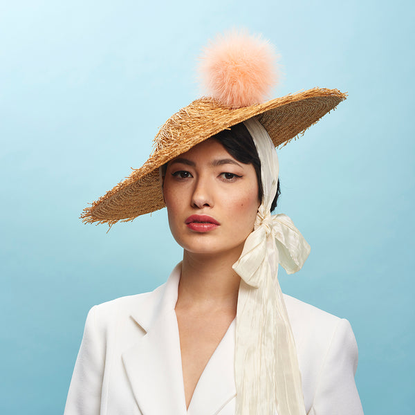 Gold Dust Straw Disc Hat Feather Pom Pom Hat Pin