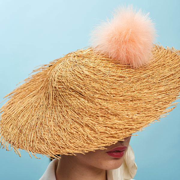 Gold Dust Straw Disc Hat Feather Pom Pom Hat Pin