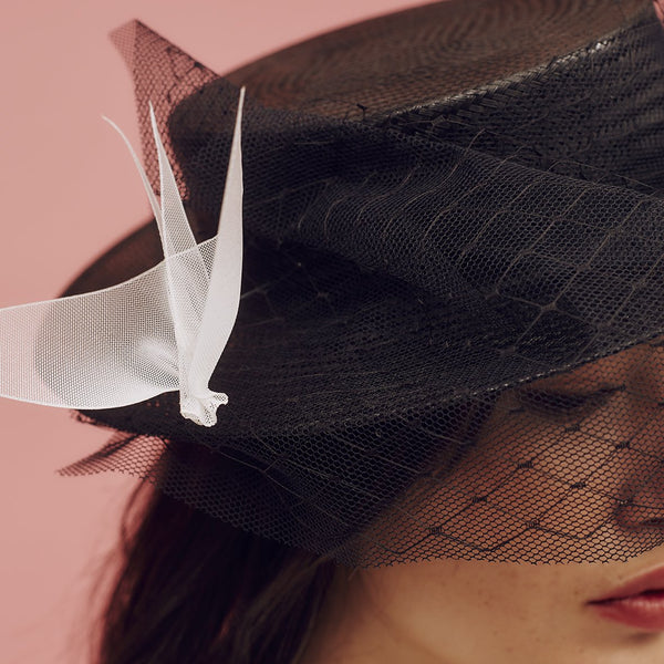 Black buntal straw boater with tulle and net veiling and hand-made ivory ombre crinoline birds. - Awon Golding Millinery