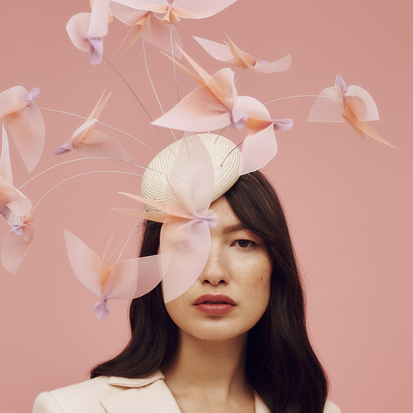 Natural parasisal straw beret hat with flock of hand-made ombre crinoline birds - Awon Golding Millinery