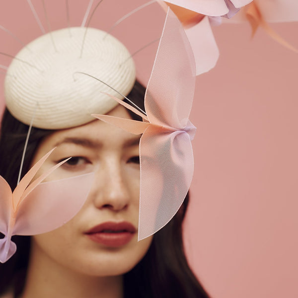Natural parasisal straw beret hat with flock of hand-made ombre crinoline birds - Awon Golding Millinery