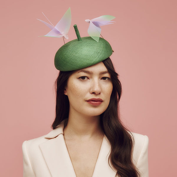 Green parasisal straw beret hat with two hand-made ombre crinoline bird hat pins - Awon Golding Millinery