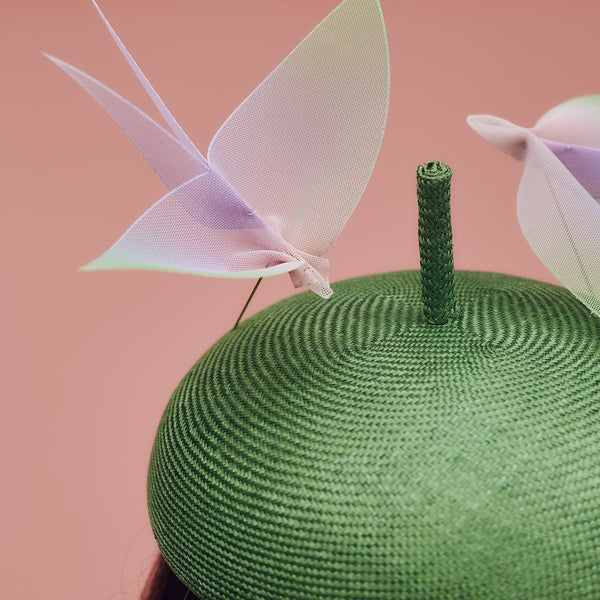 Green parasisal straw beret hat with two hand-made ombre crinoline bird hat pins - Awon Golding Millinery
