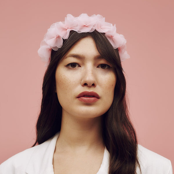 Pink ombre crinoline petal headband with metallic beaded centre - Awon Golding Millinery