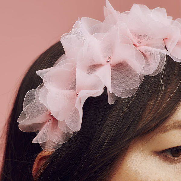 Pink ombre crinoline petal headband with metallic beaded centre - Awon Golding Millinery