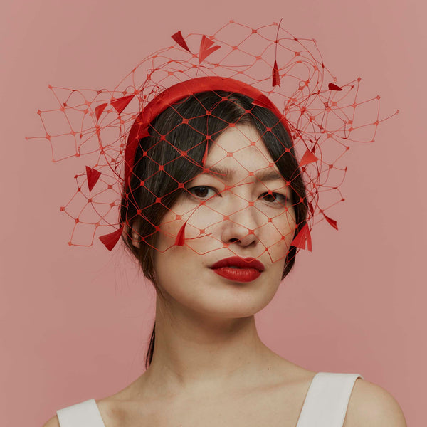 Elsa Red Silk Headband with Veil and Feathers