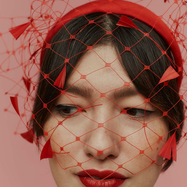 Elsa Red Silk Headband with Veil and Feathers