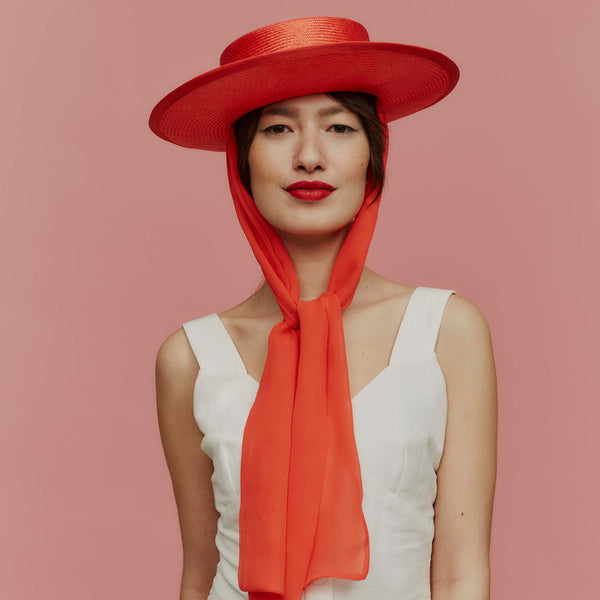 Lorena Red Straw Boater with Silk Scarf Ties