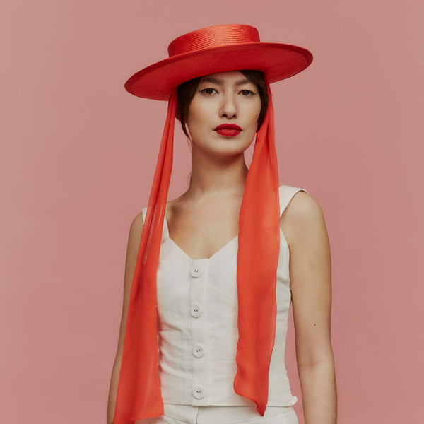 Lorena Red Straw Boater with Silk Scarf Ties