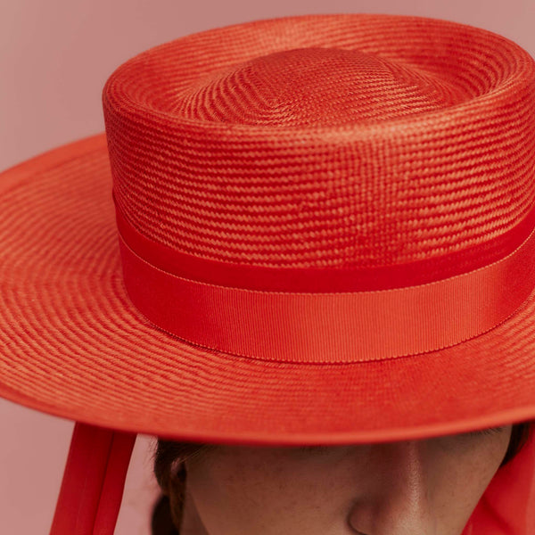 Lorena Red Straw Boater with Silk Scarf Ties