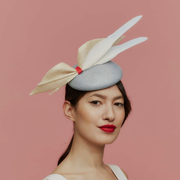 Cody Blue Straw Beret with Ombre Goose Feathers and Straw Bow