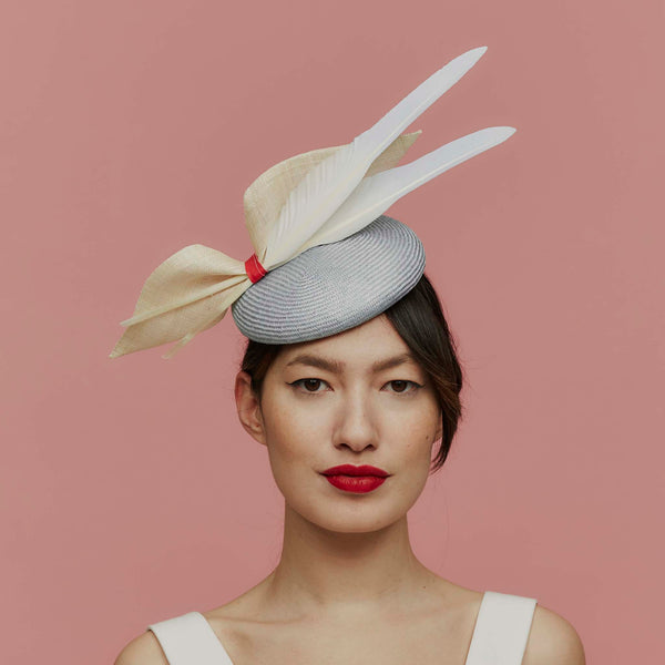 Cody Blue Straw Beret with Ombre Goose Feathers and Straw Bow