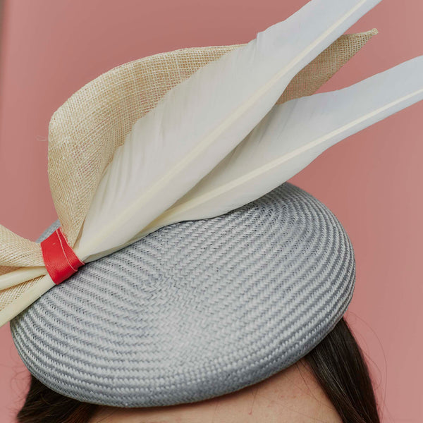 Cody Blue Straw Beret with Ombre Goose Feathers and Straw Bow