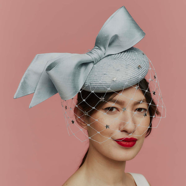 Starr Blue Straw Beret with Veil and Large Bow