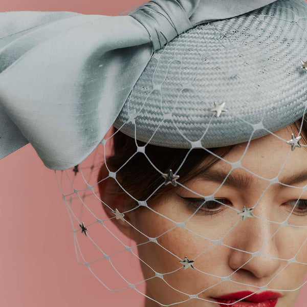 Starr Blue Straw Beret with Veil and Large Bow