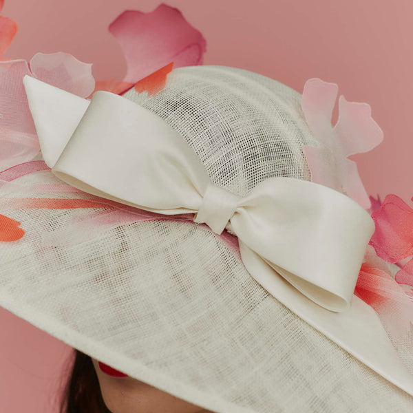 Dumont White Wide Brim Hat with Poppies and Bow