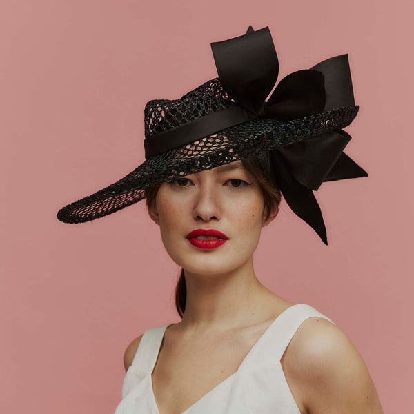 Ponderosa Black Wicker Weave Straw Fedora with Silk Bow