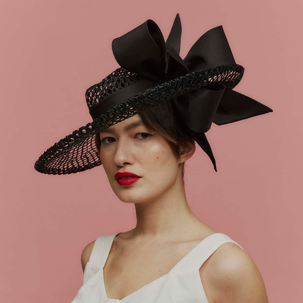 Ponderosa Black Wicker Weave Straw Fedora with Silk Bow