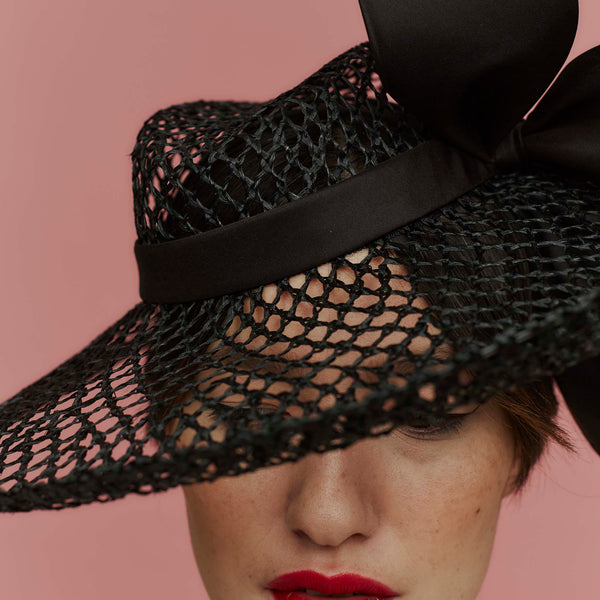 Ponderosa Black Wicker Weave Straw Fedora with Silk Bow