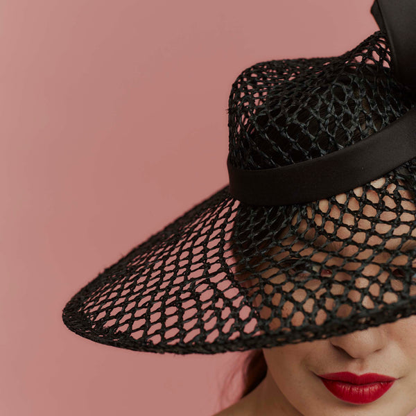 Ponderosa Black Wicker Weave Straw Fedora with Silk Bow