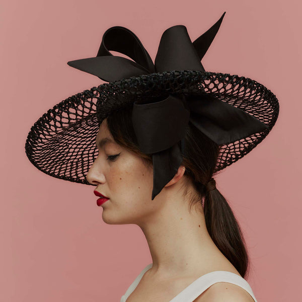 Ponderosa Black Wicker Weave Straw Fedora with Silk Bow