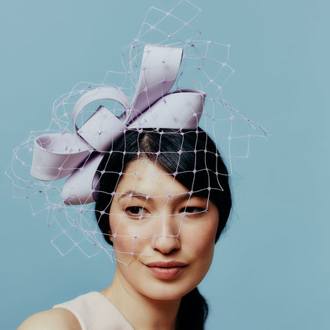 lilac silk bow headband with crystalised veil