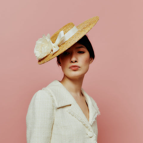 straw boater with crystals and rose trim