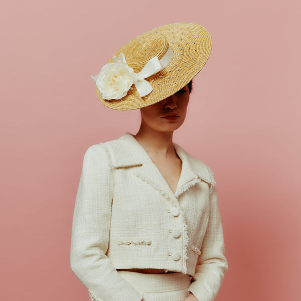 straw boater with crystals and rose trim