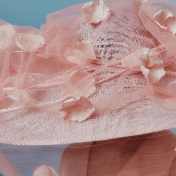 pink tulle and rose petal wide brim hat