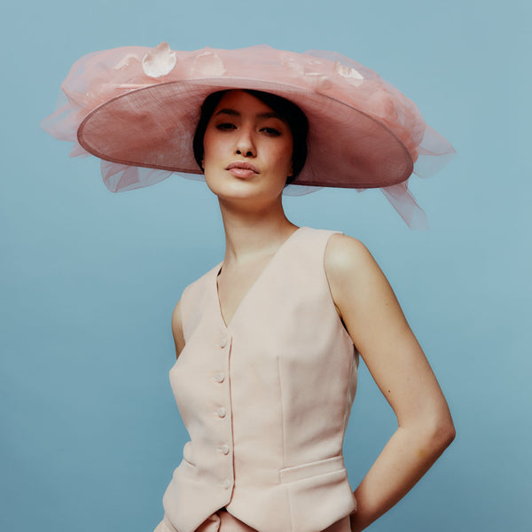 pink tulle and rose petal wide brim hat