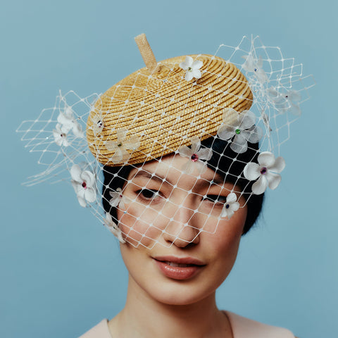 veiled straw beret with silk flowers