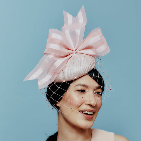 pink straw beret with crystalised veil and crinoline bow