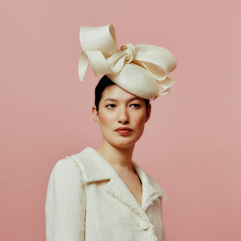 ivory buntal straw beret with sculptural bow