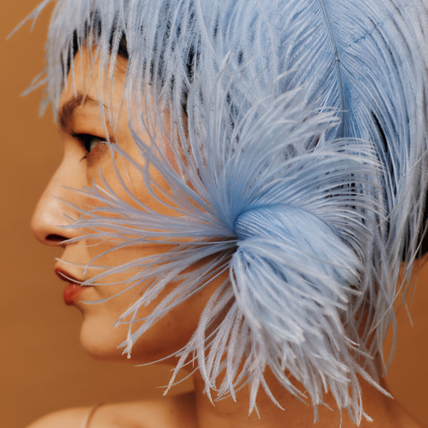 Person wearing a large blue feathered headpiece against a brown background