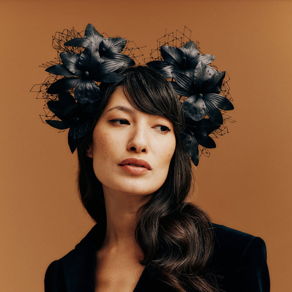 Hayworth black leather orchid headpiece