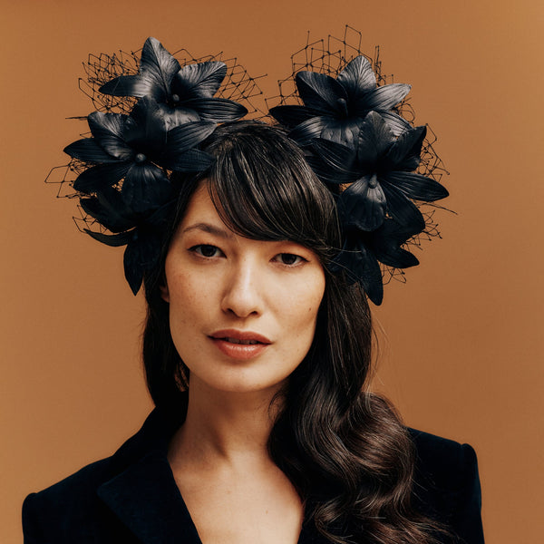 Hayworth black leather orchid headpiece