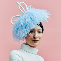 Hendrix Blue Feather Hat with Bow | Awon Golding Millinery display picture 1