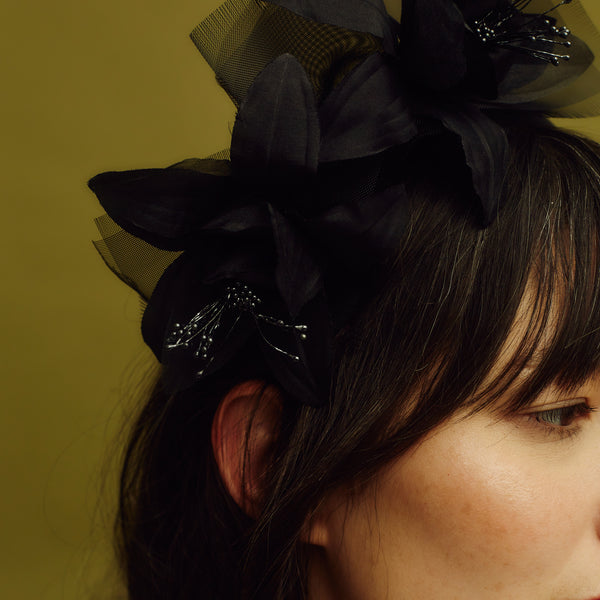 Awon golding georgia black lily headband made from duchess satin, close up