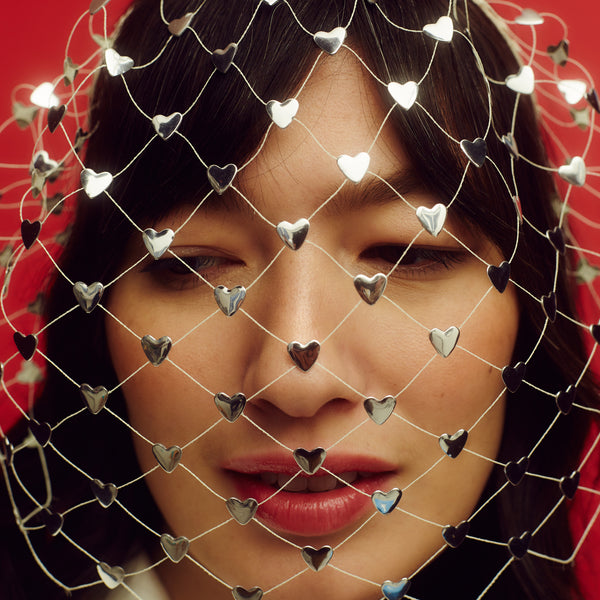 Awon Golding silver hearts birdcage veiled headband, close up