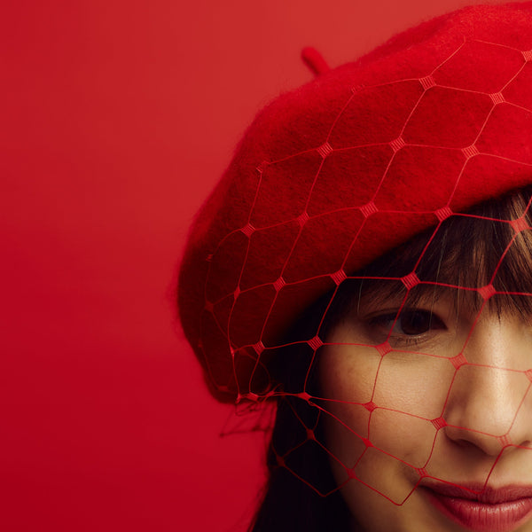 Red wool beret with veil