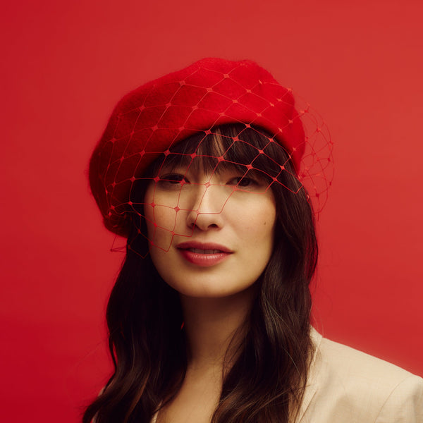 Red wool beret with veil