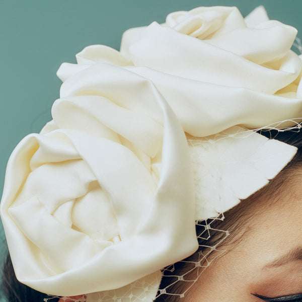Twin Rose Ivory White Satin Headpiece