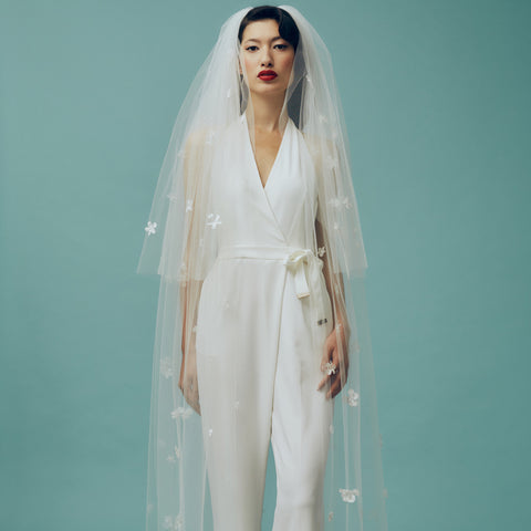 Enchantress White Tulle and Flower Chapel Veil