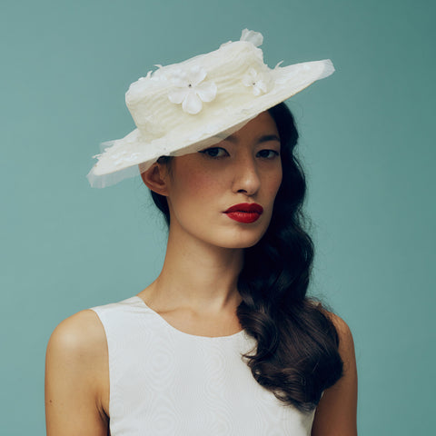 Penelope White Straw Boater with Silk Flowers